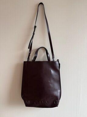 Ganni Deep Brown Leather Tote with Adjustable Strap
